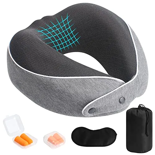 NAEBRO Nackenkissen Flugzeug Reisekissen, Memory Foam Reise Nackenkissen, Ergonomisches Reise Nackenstützkissen Nackenhörnchen mit Schlafmaske Ohrstöpsel Aufbewahrungstasche