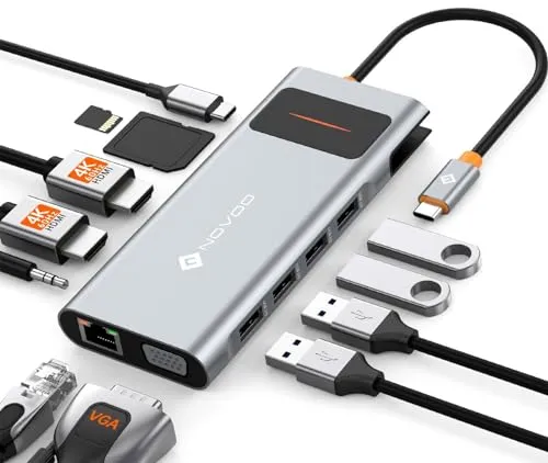 Docking Station USB C Triple Display, NOVOO 12 in 1 USB-C-Hub mit 2 HDMI, VGA, Ethernet, SD/TF-Kartenleser, 4 USB, 3,5-mm-Audio und Schnellladung PD 100 W für MacBook/Dell/Surface/HP
