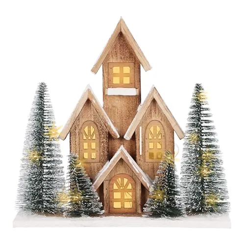 Spetebo LED Holz Häuserzeile Weihnachtsdorf mit Timer - 32 x 30 cm - Weihnachts Tischdeko warm weiß beleuchtet Batterie betrieben - Advent Deko Holzhaus Aufsteller Weihnachts Stadt