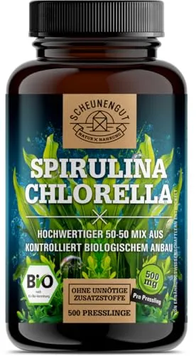 Spirulina Chlorella Tabletten -BIO- 6000mg je Tagesdosis I WICHTIG: 100% zertifzierte Bio-Ware I 500 Chlorella Spirulina Presslinge aus kontrolliert biologischem Anbau I Vegan - DE - Scheunengut®