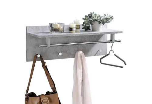 IDIMEX Wandgarderobe ULF mit Kleiderhaken und Hutablage - Kleiderhaken in Betonoptik, ideal für kleine Flure, mit 4 Haken, einer Kleiderstange und stabiler Ablage für Hüte oder Deko.