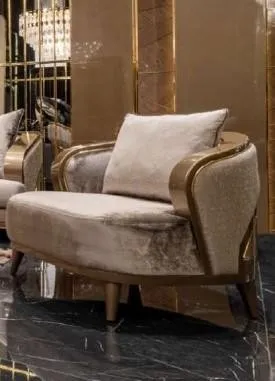 Beiger Designer Sessel mit Goldverzierung - Moderner Lounge-Sessel für Jugendliche und Erwachsene, stilvoll und komfortabel. Maße: 92 x 90 x 76,5 cm, ideal für Wohnzimmer oder Schlafzimmer. Hochwertige Verarbeitung mit 2 Jahren Garantie.