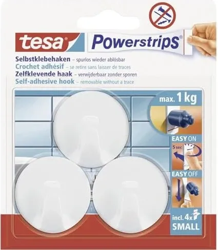 tesa Powerstrips Haken Small rund - weiß Selbstklebender Wandhaken ohne Bohren