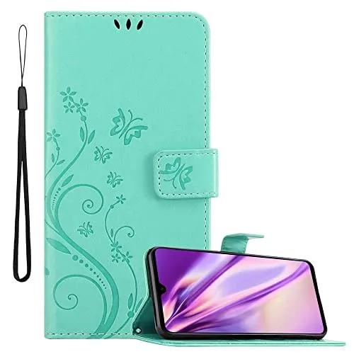 Cadorabo Hülle kompatibel mit Huawei Mate 20 Blumen Design aus Premium Kunst Leder Flip Klappbare Stoßfeste Magnetische [Standfunktion] [Kartenfächern] Cover Hülle für Huawei Mate 20 Tasche in Türkis