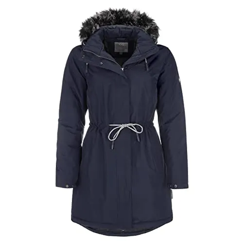 Coastguard Damen Kurzmantel mit abnehmbarer Kapuze mit Pelzimitat - Regenmantel Jacke mit Taillenzug in Dunkelblau Größe 40