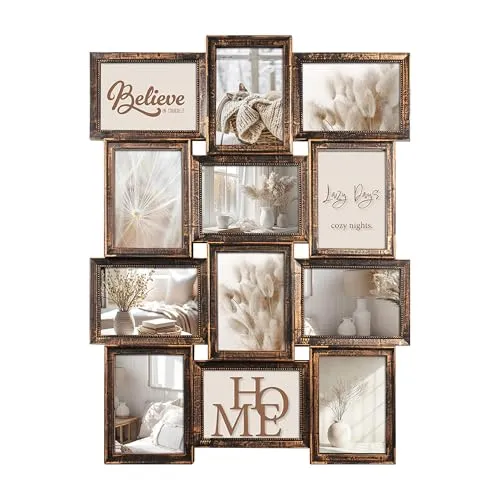 Wackadoo Bilderrahmen Collage 12 Fotos 13x18 cm – Wanddekoration im Vintage Kupfer Look – Fotorahmen mit Glasscheiben – Collagenrahmen – Hoch- & Querformat, pictureframe
