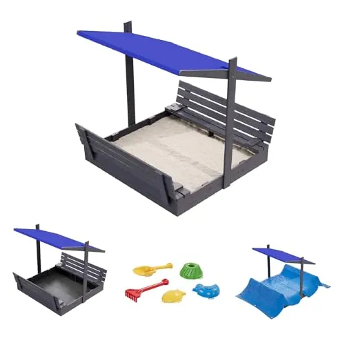 QLS Holz-Sandkasten 150 cm mit Sitzbank und blauem Dach - Sandkasten mit imprägnierter Abdeckung, ideal für stundenlangen Spielspaß im Garten und zusätzliche Sitzgelegenheit für Eltern.