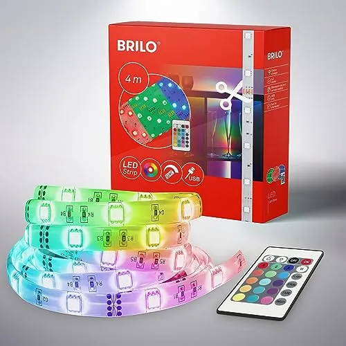 BRILONER – 4m LED Strip RGB, USB LED Streifen, Deko Lichterkette, Leiste, Band, Buntes Licht und Effekte, Kürzbar, Dimmbar, Fernbedienung, Weiß