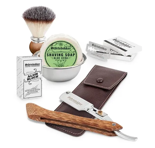 Störtebekker Rasierset mit Rasiermesser und Lederetui - Erlebe die Kunst der traditionellen Rasur mit dem Störtebekker Rasierset! Edles Rasiermesser mit Holzgriff, hochwertiger Rasierpinsel und angenehme Sandelholz-Seife für ein luxuriöses Rasurerlebnis.