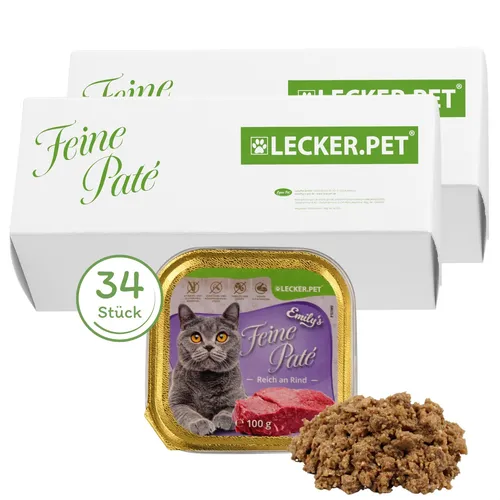g Lecker.Pet® Emily's Feine Paté - Reich an Rind Katzenfutter - Katzenfutter in praktischen Portionen, glutenfrei und ideal für alle Altersstufen, leicht verdaulich mit hochwertigem Rindfleisch für optimale Nährstoffversorgung.