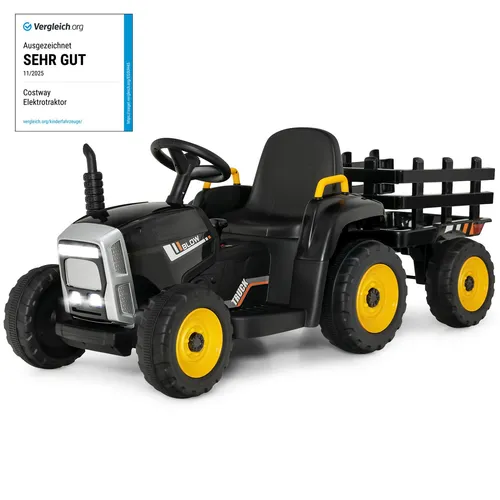 COSTWAY 12V 3-Gang Traktor mit abnehmbarem Anhänger und 2,4G Fernbedienung, Kinder Aufsitztraktor, für Kinder ab 3 Jahren (Schwarz)