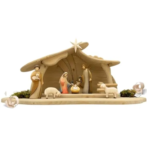 Akantus Leonardo Weihnachtskrippe aus Holz: 8er Set mit Stall HL.Nacht groß (8,5 cm, bemalt)
