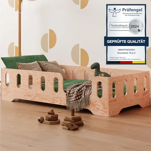 smartwood Bodenbett 70x140 Montessori Kinderbett aus Holz mit FSC-Zertifikat TILA 2P mit Rausfallschutz & Lattenrost bis 230kg belastbar - Einfache Montage