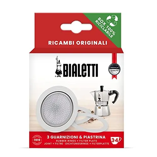 Bialetti Ricambi, Includes 3 Gaskets and 1 Plate, Compatible with Moka Express, Fiammetta, Break, Happy, Dama, Moka Melody, Alpina, Moka Timer and Rainbow (3/4 Cups), 0800033