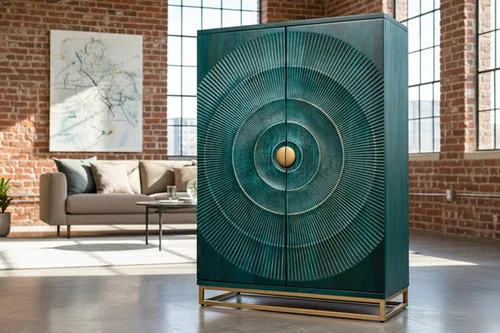 riess-ambiente Barschrank GOLDEN SUNSET 140cm türkis/gold - Exklusiver Barschrank aus lackiertem Mangoholz mit einzigartiger 3D-Front und goldenen Akzenten. Bietet Platz für bis zu 24 Flaschen und hat integrierte Gläserhalter. Ideal für stilvolle Abende und eine elegante Hausbar.
