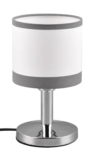 Reality Leuchten Tischleuchte Davos R59551006, Metall Chrom - Tischlampe in modernem Design mit einem eleganten Stoffschirm in Grau/Weiß. Ideal für stimmungsvolle Beleuchtung in jedem Raum, Höhe 22cm, Durchmesser 12cm, Leuchtmittel nicht enthalten.