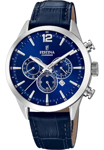Festina Quarz Herren Timeless Chronograph F20542/2 - blau - 43.5mm - Chronographen mit elegantem blauen Zifferblatt und hochwertigem Lederarmband, perfekt für stilbewusste Herren.