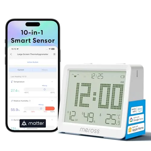 Meross MS130H - Smart Temperature and Humidity Sensor Kit - Smart Home Sensor für präzise Temperatur- und Luftfeuchtigkeitsmessung, kompatibel mit Apple HomeKit, Alexa und Google Assistant. Über die App erhalten Sie Echtzeit-Benachrichtigungen und können Automatisierungen einrichten.