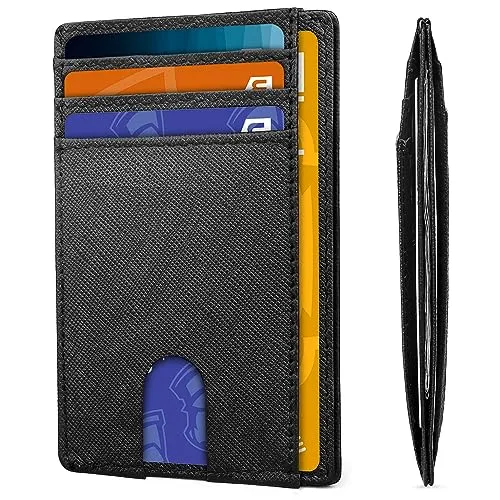 AMEHA Minimalistische, schlanke Geldbörse für Herren, Vordertasche, echtes Leder, RFID-blockierend, Visitenkartenhalter mit Ausweisfenster, Cross Black, Vordertasche