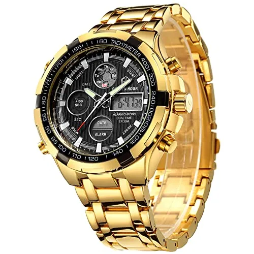 GOLDEN HOUR Luxus Edelstahl Analoge Digitaluhren für Männer Herren Outdoor Sport wasserdichte Große Schwere Armbanduhr (Gold Black)