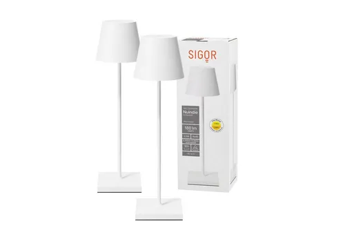 SIGOR LED Tischleuchte 2x Nuindie - Dimmbar und spritzwassergeschützt - Doppelpack Sigor Nuindie - Dimmbare LED Tischleuchte für Indoor & Outdoor, IP54, USB-C aufladbar, 12 Stunden Leuchtdauer, elegante schneeweiße Optik.