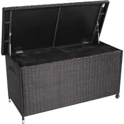 Poly Rattan Kissenbox 270 L Grau - Aufbewahrungsbox für Gartenmöbel - Praktische Kissenbox mit 270 Litern Stauraum. Ideal für Gartenmöbelauflagen. Mit Hydrauliksystem für müheloses Öffnen und zwei Rädern für einfachen Transport. Maße: 121x56x60 cm.