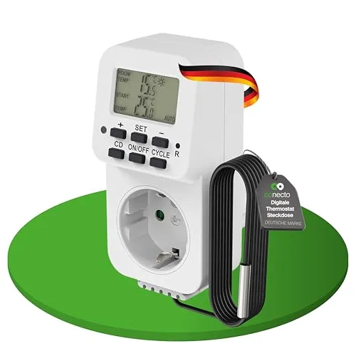 conecto Digitale Thermostat Steckdose, mit externem Fühler sowie Zeitsteuerung, für Terrarium, Gewächshaus, Räucherofen, Heizung, Temperaturregler, Kühlung und Frostwächter, 3600 Watt, weiß