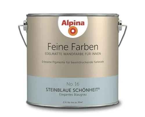 ALPINA Feine Farben Steinblaue Schönheit 2,5L - Wasserbasierte Wandfarbe in erhabenem Graublau, ideal für Esszimmer mit einer Abdeckung von 21-30 m² und algenresistentem Schutz.