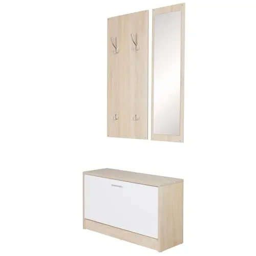 FineBuy Wand-Garderobe Salerno - Wandgarderobe mit modernem Garderobenset und Spiegel, platzsparend für Flur, inklusive 10 Garderobenhaken und Schuhkipper für bis zu 8 Paar Schuhe.