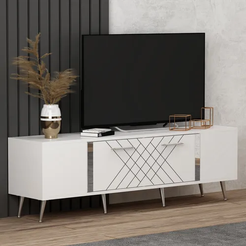 Skye Decor Detas TV-Schränke - Modern in Weiß und Silber - Stylischer TV-Ständer mit elegantem Argyle-Muster. Bietet großzügigen Stauraum für Ihre Unterhaltungselektronik und sorgt für ein organisiertes Wohnzimmer. Robuste Konstruktion aus melaminbeschichteten Spanplatten.