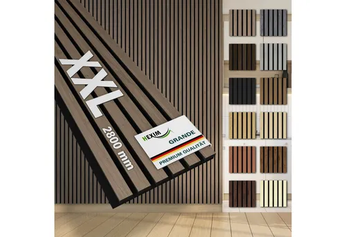 Hexim Wandpaneel, (Akustikpaneele 2 Stück 280x30cm Holz Grande - XXL Holzpaneele Platten Lamellen Wandverkleidung Echtholzfurnier 21mm Filz Schalldämmung MDF Braun 1,69m² American Walnut)