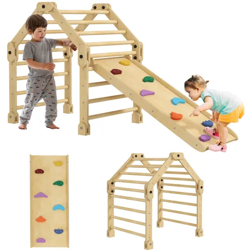 AIYAPLAY 3 in 1 Klettergerüst Set mit Rutsche - Klettergerüst für Kinder 1,5-4 Jahre, fördert motorische Fähigkeiten und bietet vielseitigen Spielspaß mit verstellbarer Kletterleiter und wendbarer Rutsche. Faltbar und aus sicherem Holz für drinnen.