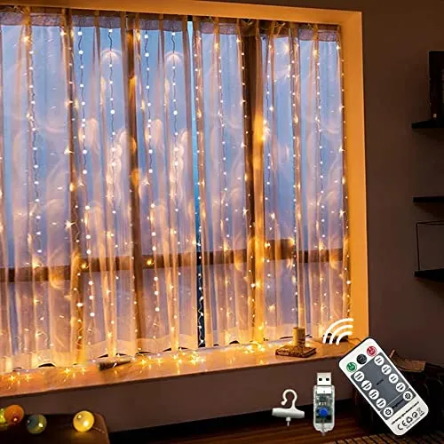 WALCHO Lichtervorhang 2.4mx1.8m LED mit Fernbedienung - Weihnachtsbeleuchtung mit 144 warmweißen LEDs, 8 Beleuchtungsmodi und Timer-Funktion für eine stimmungsvolle Atmosphäre drinnen und draußen.