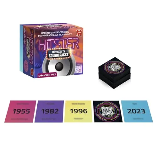 Hitster Film- & Serien-Soundtracks – Deutsche Erweiterung - Gesellschaftsspiel für 2 bis 10 Spieler ab 16 Jahren. Rate, ob Songs vor oder nacheinander veröffentlicht wurden. Inklusive 154 Musikkarten und kostenloser Hitster-App für unvergessliche Spieleabende!