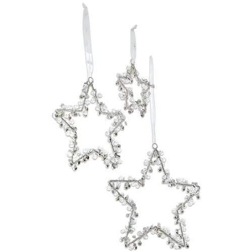 Loberon Weihnachtsschmuck 3er Set Harley, DREI Größen, Sternen-Form, mit funkelnden Perlen umwickelt, Weihnachten, Weihnachtsdeko, Christbaumschmuck, Eisen, Glassteinchen, Chiffon, Silber