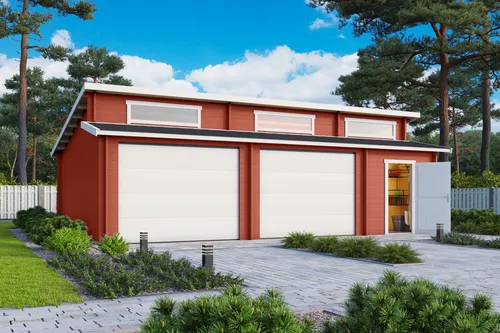 Garage Stufendach 44 mm Hawaii mit Sektionaltor rot 820x520 cm - Gartenhaus mit 39.4 m² Nutzfläche, 3 Einzelfenstern und abschließbarem Sektionaltor. Robuste Blockbohlenkonstruktion aus Holz für hohe Stabilität und Langlebigkeit.