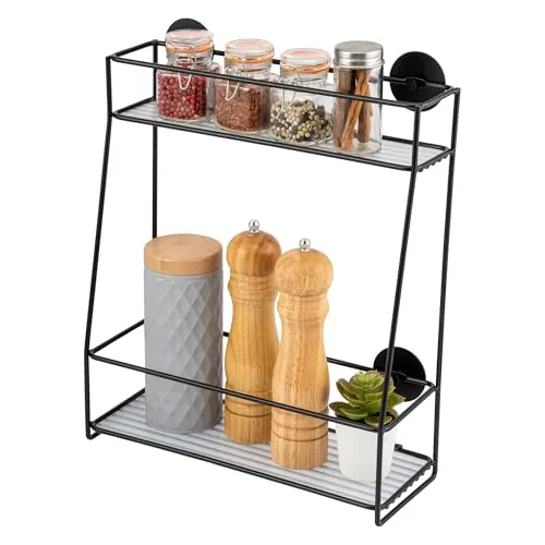 bremermann Küchenregal Gewürzregal zur Wandmontage, 2 Ebenen, schwarz - Praktisches Gewürzregal für optimale Raumnutzung, flexibel zum Kleben oder Bohren, modernes Design und einfache Reinigung.