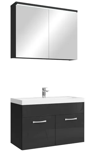 Badplaats B.V. Badezimmer Badmöbel Set Paso 02 80cm - Waschplatz mit Hochglanz Schwarz Fronten, inkl. Spiegelkasten mit LED-Beleuchtung und Kunstmarmor-Waschbecken für eleganten Stauraum.