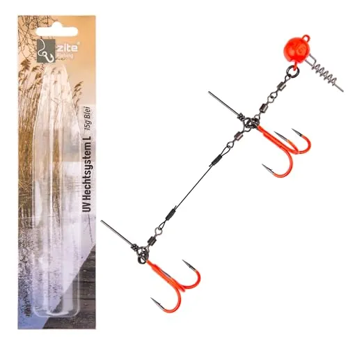 Zite Fishing Gummifisch-System Hecht Angeln UV Aktiv | 21-26cm Big Bait Gummiköder | 5-20g Stinger-System L 13cm | Gummiköder Fertigmontage mit Screw-In-Jighead | Softbait Angsthaken Drillinge (15g)