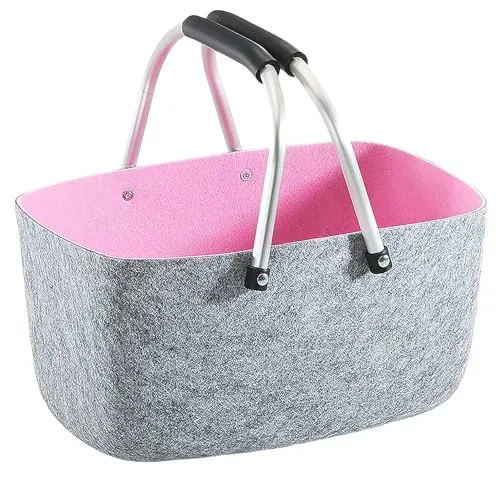 Kobolo Einkaufskorb Filzkorb grau-rosa mit klappbaren Aluhenkeln - Einkaufskorb mit 12,5 l Volumen, ideal für Einkäufe oder zur Aufbewahrung, aus strapazierfähigem Filz mit modernem Design.