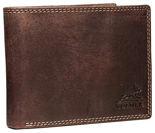 Fa.Volmer ® Leder Geldbörse Herren mit RFID-Schutz - geöltes Büffelleder, extra-stabile Doppelnaht, Vintage-Look - 10 Fächer für Kreditkarten - Querformat - Braun