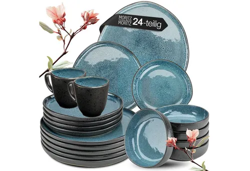 Moritz & Moritz Kombiservice ORGANIC Geschirrset mit Tassen 24tlg Blau (24-tlg), 6 Personen, Steinzeug, Kombigeschirr für 6 Personen
