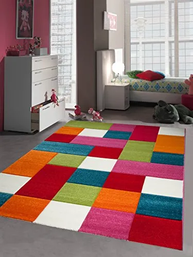 CARPETIA Kinderteppich Spielteppich Kinderzimmer Teppich Karo bunt türkis orange Weiss rot pink Größe 120x170 cm