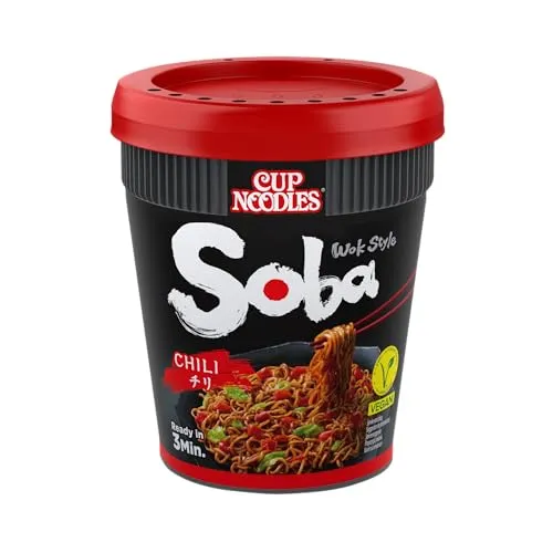 Nissin Cup Noodles Soba Cup – Chili, 8er Pack, Wok Style Instant-Nudeln japanischer Art, mit Chili-Sauce, -Schoten & Gemüse, schnell im Becher zubereitet, asiatisches Essen (8 x 90 g)