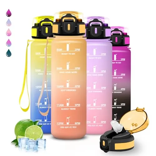 Trinkflasche 1l, Trinkflasche Sport, Wasserflasche mit Strohhalm, Leicht zu Reinigen, Wasserflasche Auslaufsicher, mit Motivierenden Slogans, Flasche Motivation, Flasche für Wandern, Fitness, Camping