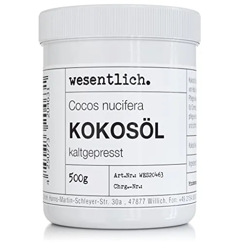 Kokosöl kaltgepresst 500g - reine Pflege für Haut und Haar - ohne Zusätze - in wiederverschließbarer Schraubdeckeldose von wesentlich.