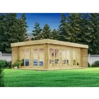 Alpholz Gartenhaus Gardenlounge Viva B - 492x668 cm, Blockbohlenkonstruktion mit bodentiefen Fenstern und Panorama-Tür, ideal für stilvolle Gartenentspannung