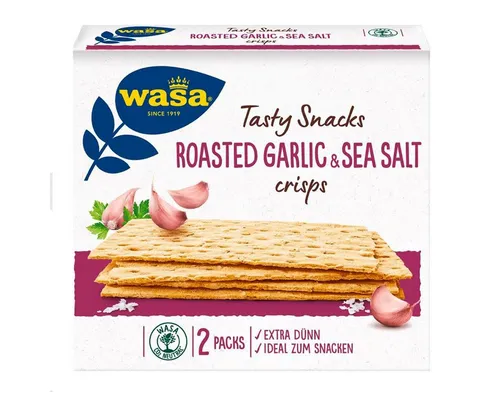 Wasa Tasty Snacks Roasted 190g - Knackiger Knäcke-Snack mit geröstetem Knoblauch und Meersalz, perfekt für Knoblauch-Liebhaber und ideal zum Snacken oder Belegen.