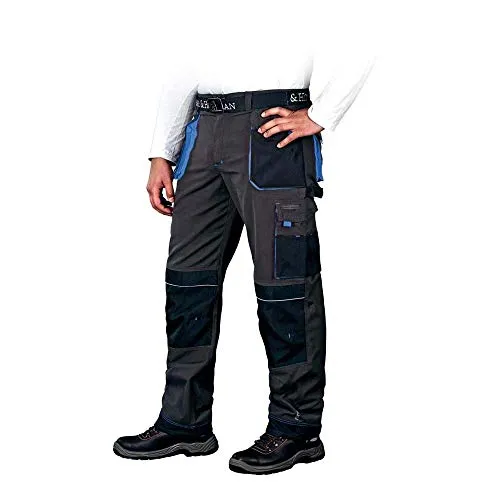 Leber & Hollman Herren Arbeitshose LH-FMN-T B – Grau-Schwarz-Blau, Größe 56 - Strapazierfähige Herren Arbeitshose aus 65% Polyester und 35% Baumwolle. Mit speziellen Taschen für Knieschoner und 9 vielseitigen Taschen für optimalen Komfort und Funktionalität bei der Arbeit.