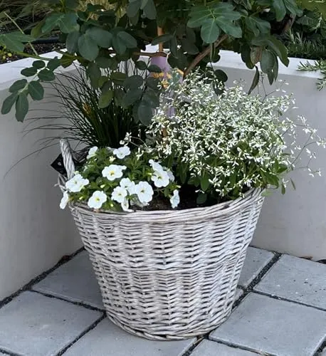 Dekoleidenschaft Rattan Pflanzkorb Rustikal rund, groß, grau, Outdoor Blumentopf, Pflanzkübel, Pflanztopf für Draußen, Blumenkübel, Blumenkasten, Pflanzkasten (Ø 40x30 cm)